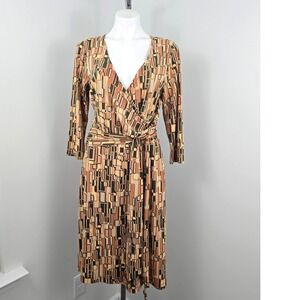 Axcess Liz Claiborne Mod Style Belted Wrap 3/4 Sleeve Dress Multicolor L